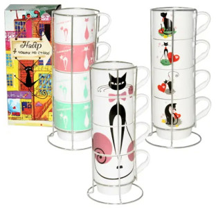 021-04-02 Набір 4 чашки на стійці Витончені коти 340мл - фото
