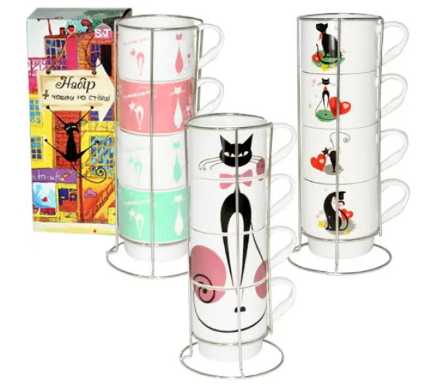 021-04-02 Набір 4 чашки на стійці Витончені коти 340мл - фото