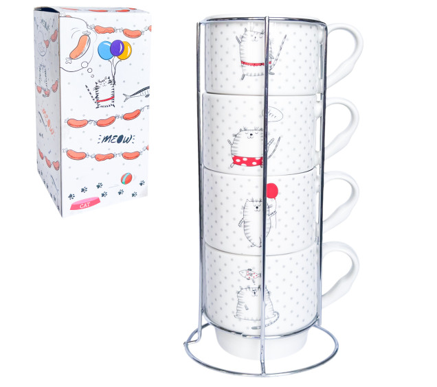 021-04-06 Набір 4 чашки на стійці Cat story 320мл - фото