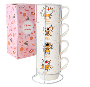 021-04-12 Набір 4 чашки на стійці Happy cat 320 мл - фото