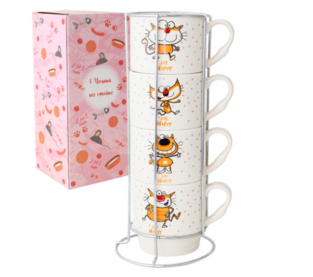 021-04-12 Набір 4 чашки на стійці Happy cat 320 мл - фото