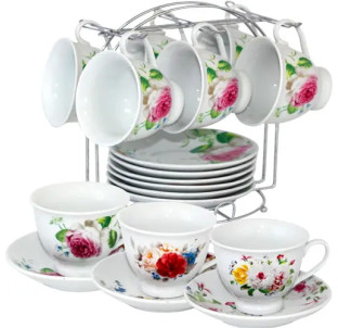 021-12-01 Сервіз чайний 12пр. на метал.стійці Квіти мікс 1 (чашка 200мл, блюдце 14см) - фото