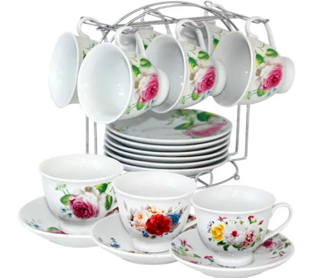 021-12-01 Сервіз чайний 12пр. на метал.стійці Квіти мікс 1 (чашка 200мл, блюдце 14см) - фото