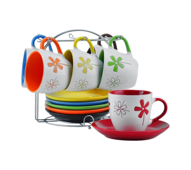 023-12-06 Сервіз кавовий 12пр. на стійці Кольорова зірка (чашка 130мл, блюдце 11см) - фото