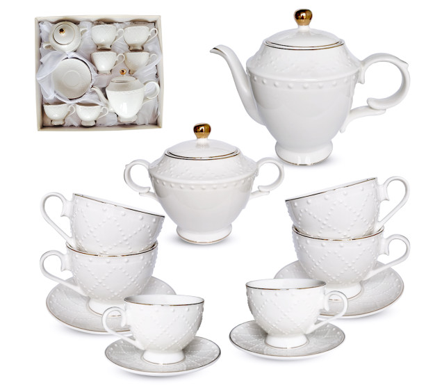 18042-00 Сервіз чайний 14пр. "Аделіна"  (чайник 1л, цукорниця 370 мл, чашка 250мл, блюдце 14см) - фото