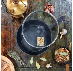 Т202С3 Сковорода чавунна 24*6см зі скляною кришкою - фото