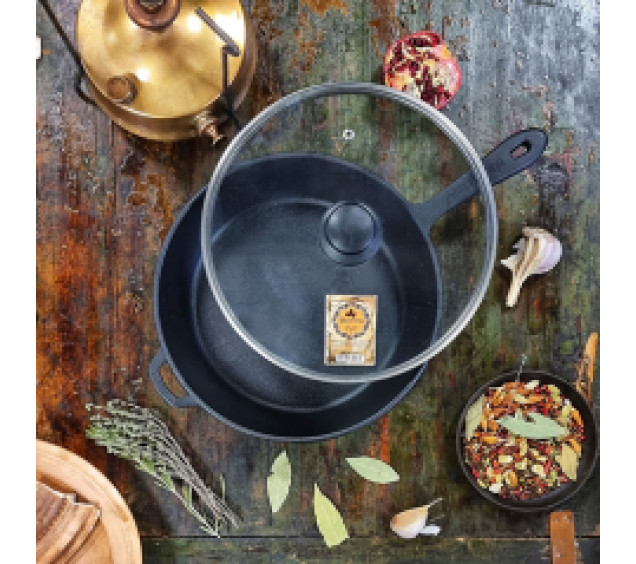 Т202С3 Сковорода чавунна 24*6см зі скляною кришкою - фото