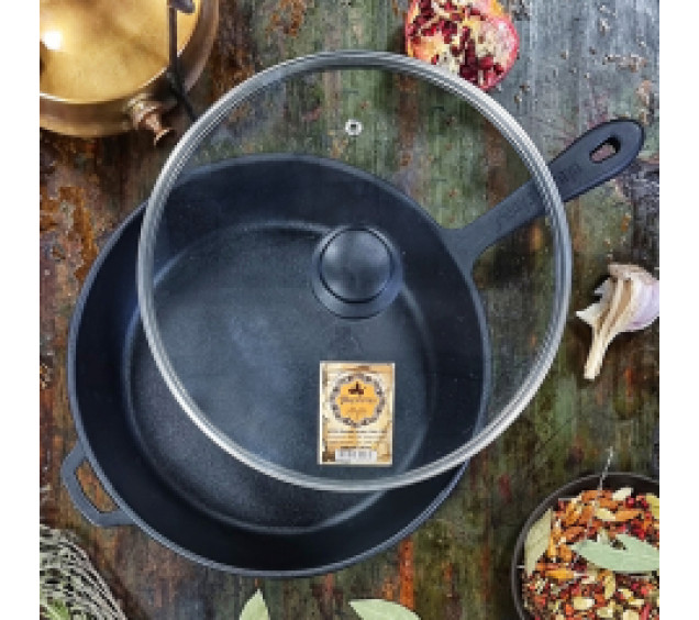 Т204С3 Сковорода чавунна 28*6см зі скляною кришкою - фото