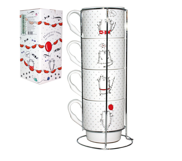 021-04-06/У Набір 4 чашки на стійці Cat story 320мл (пошкоджена упаковка) - фото