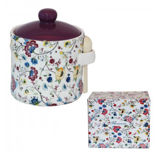 2370-10 Банка для меду з дерев'яною ложкою "Квітковий шовк" (h-8,5см, d-10см, об-м-420мл) - фото