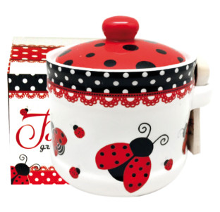 2370-17 Банка для меду з дерев'яною ложкою "Божа корівка" (h-8,5см, d-10см, об-м-420мл) - фото