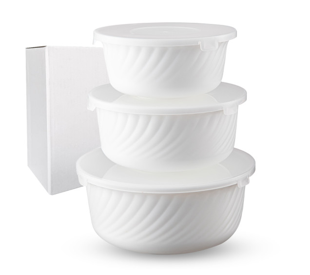 30053-00 Набір салатників з кришкою білий 3шт (7,5'-1,3л, 6,5'-0,8л, 5,5'-0,530л) - фото
