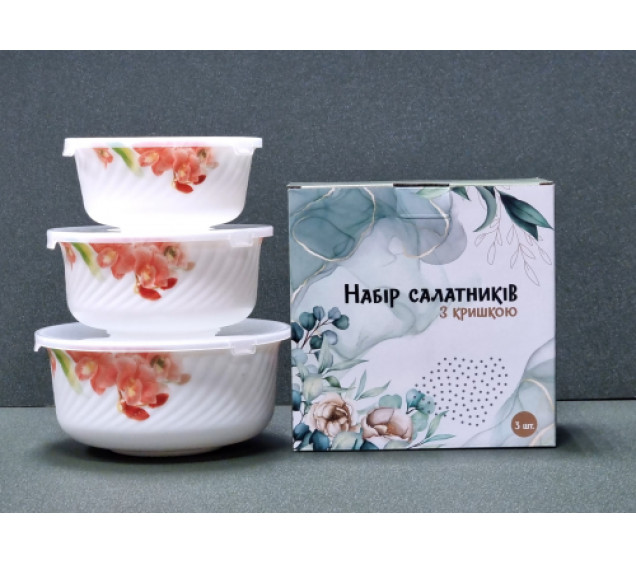 30053-1307 Набір салатників з кришкою 3 шт (7,5'-1300мл, 6,5'-800мл, 5,5'-530мл) "Орхідея Ванда" - фото