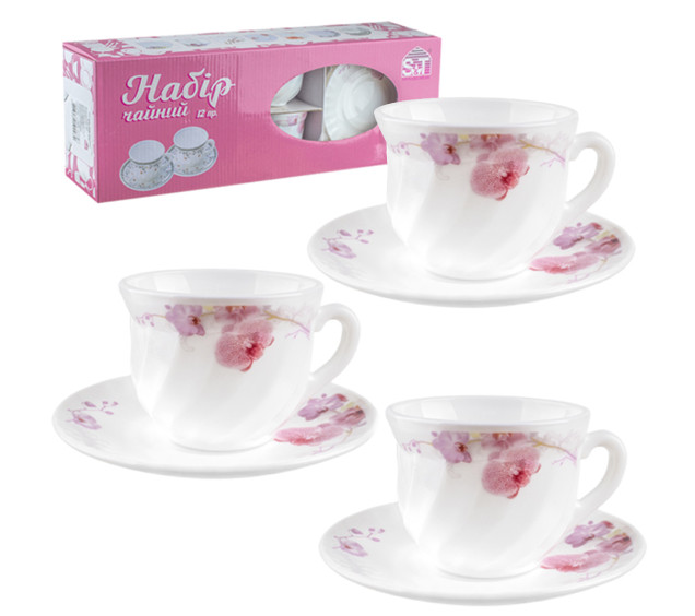 30055 Набір чайний 12пр. Рожева орхідея 61099 (чашка 190мл, блюдце 14см) - фото