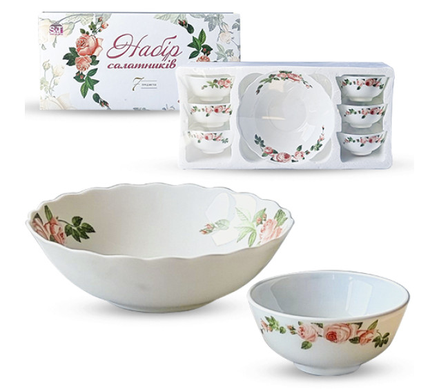 30056-15019 Набір салатників 7шт(1 шт-8 ' - 800мл, 6 шт-4,5' - 260мл) Рожевий бутон - фото