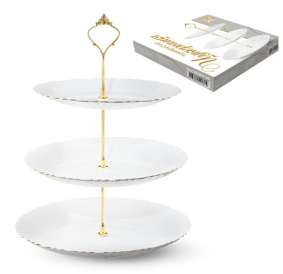 30089-00 Цукерниця 3х ярусна біла (10',9',8') золотий кант - фото