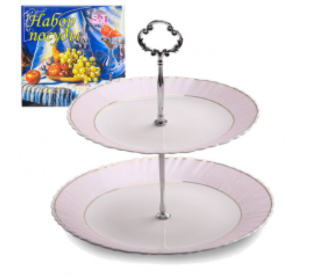 30090-135/У Цукерниця 2-х ярусна кругла (8,5'/10.5') Рожева ніжність золото (універсальна коробка) - фото