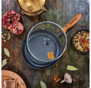 Т302С3 Сковорода чавунна 24*4см з дерев\'яною ручкою зі скляною кришкою - фото