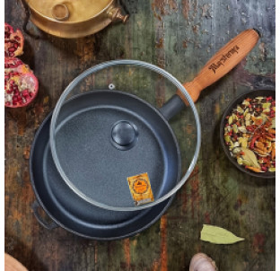 Т303С3 Сковорода чавунна 26*4см з дерев\'яною ручкою зі скляною кришкою - фото