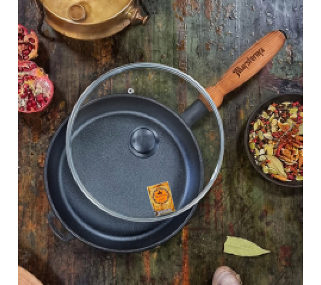 Т303С3 Сковорода чавунна 26*4см з дерев\'яною ручкою зі скляною кришкою - фото