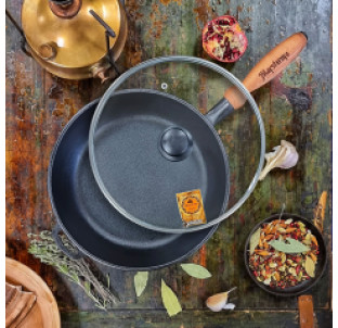 Т304С3 Сковорода чавунна 24*6см з дерев\'яною ручкою зі скляною кришкою - фото