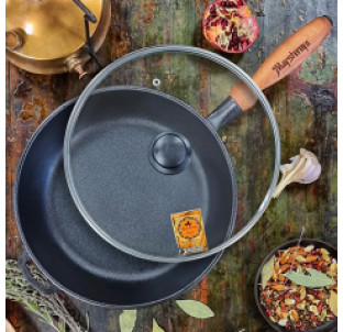 Т306С3 Сковорода чавунна 28*6см з дерев\'яною ручкою зі скляною кришкою - фото