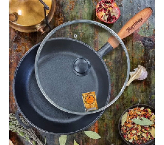 Т306С3 Сковорода чавунна 28*6см з дерев\'яною ручкою зі скляною кришкою - фото