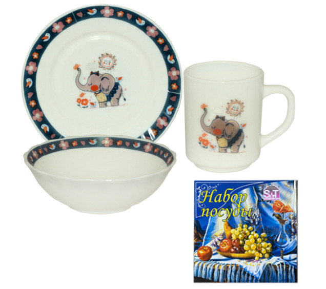 515-01/У Набір дитячий 3пр. Слоник (тарілка-7', миска 6', чашка-230мл)(універсальна упаковка) - фото