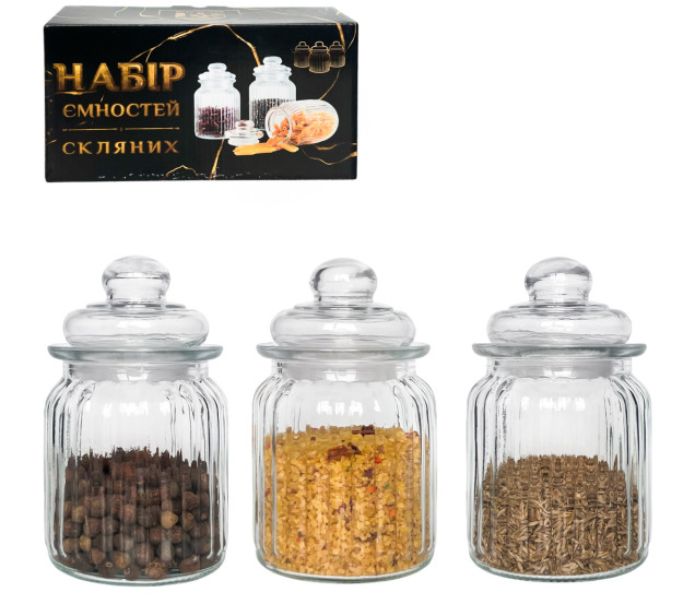 6043 Набір склянних ємностей для сипких продуктів ( 3 шт. ) 340 мл - фото