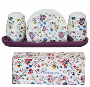 6912-10 Набір для солі і перцю з салф. на керам. підставці "Квітковий шовк" - фото