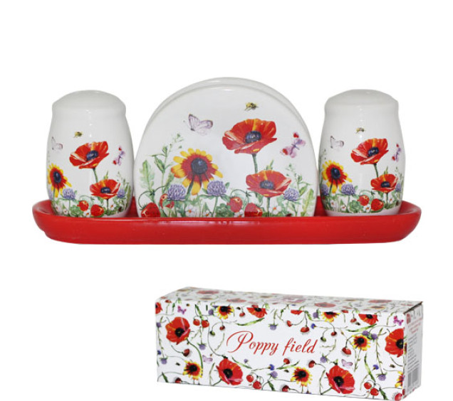 6912-5 Набір для солі і перцю з салф. на керам. підставці "Польовий мак" - фото