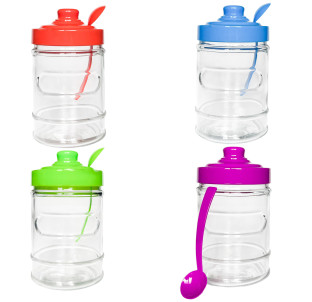 7005-1 Ємність скляна з ложкою мікс 4 кольори 470мл - фото