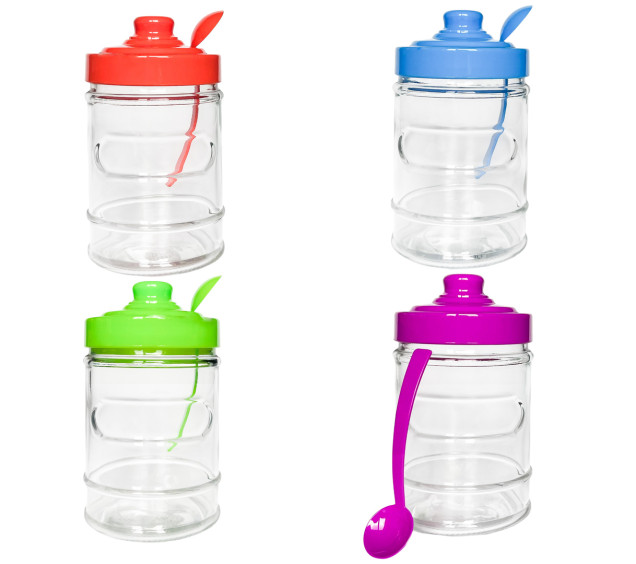 7005-1 Ємність скляна з ложкою мікс 4 кольори 470мл - фото