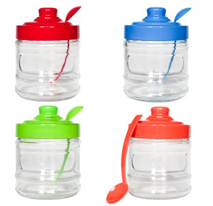 7005 Цукорниця скляна з ложкою мікс 4 кольори 320мл(24) - фото