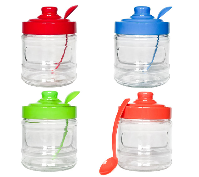 7005 Цукорниця скляна з ложкою мікс 4 кольори 320мл(24) - фото