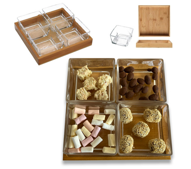 7090 Набір для снеків на дерев'яній підставці 22х22см (ємність 270мл) - фото