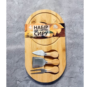 8835 Набір для нарізки сиру 4 пр. (дошка бамбукова,  ніж для сиру - 3 шт) 33*18*1 см - фото