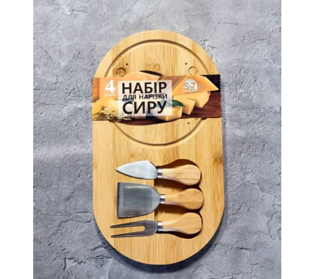 8835 Набір для нарізки сиру 4 пр. (дошка бамбукова,  ніж для сиру - 3 шт) 33*18*1 см - фото