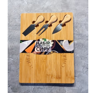 8837 Набір для нарізки сиру 4 пр. (дошка бамбукова, ніж для сиру - 3 шт) на магніті 33*25*1 см - фото