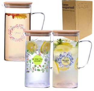 9030-1 Глечик квадратний з бамбуковою кришкою 1,7л - фото