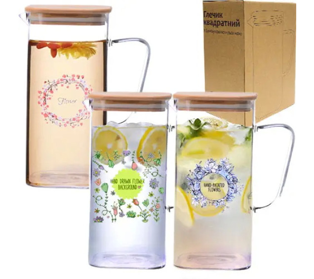 9030-1 Глечик квадратний з бамбуковою кришкою 1,7л - фото