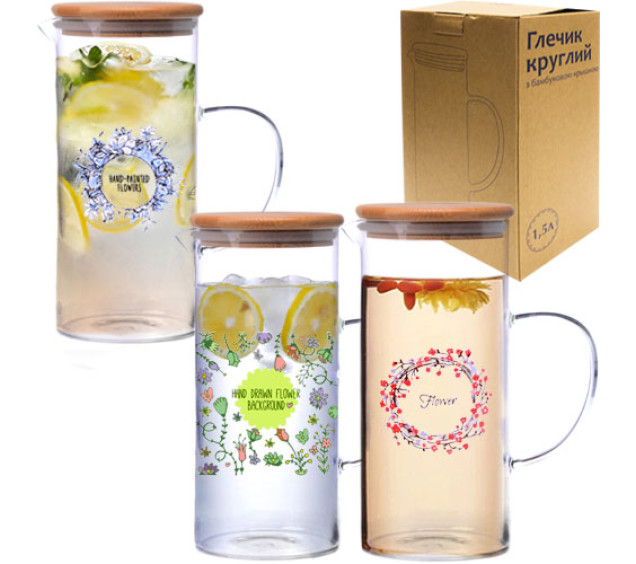 9030-2 Глечик круглий з бамбуковою кришкою 1,5л - фото