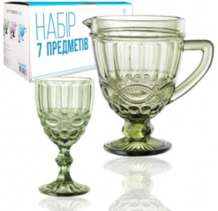 9051 Набір 7 ел. (1 глечик-1,15л, 6 келихів-340мл) Вінтаж смарагд - фото