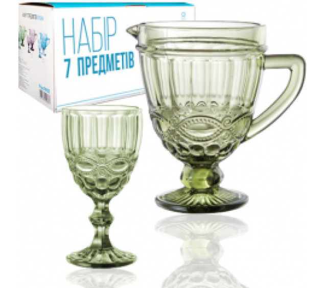 9051 Набір 7 ел. (1 глечик-1,15л, 6 келихів-340мл) Вінтаж смарагд - фото