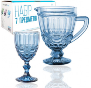 9051 Набір 7 ел. (1 глечик-1,15л, 6 келихів-340мл) Вінтаж кобальт - фото