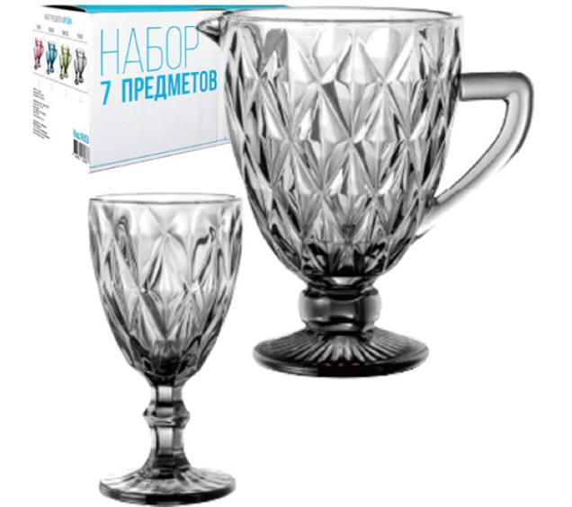 9052 Набір 7 ел. (1 глечик-1,1л, 6 келихів-320мл) Грані графіт - фото