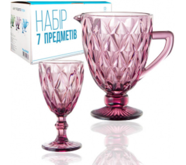 9052 Набір 7 ел. (1 глечик-1,1л, 6 келихів-320мл) Грані бордо - фото