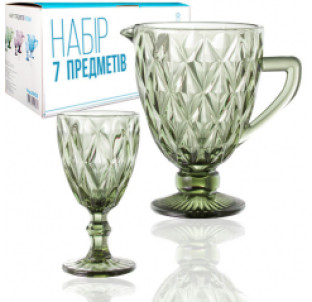 9052 Набір 7 ел. (1 глечик-1,1л, 6 келихів-320мл) Грані смарагд - фото