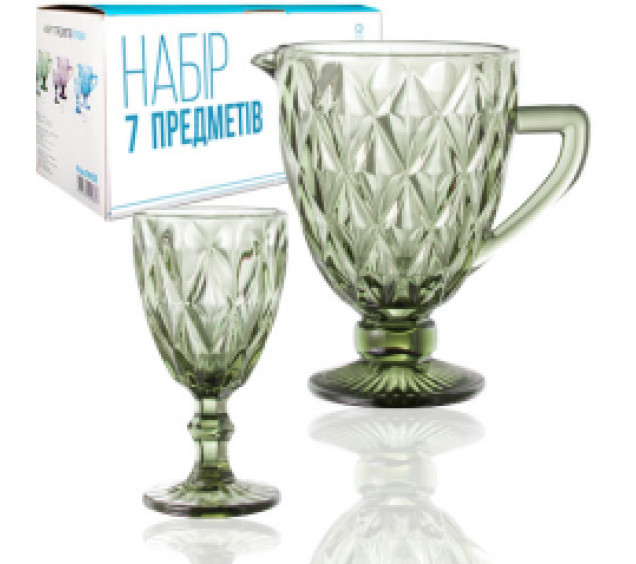 9052 Набір 7 ел. (1 глечик-1,1л, 6 келихів-320мл) Грані смарагд - фото