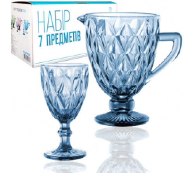 9052 Набір 7 ел. (1 глечик-1,1л, 6 келихів-320мл) Грані кобальт - фото